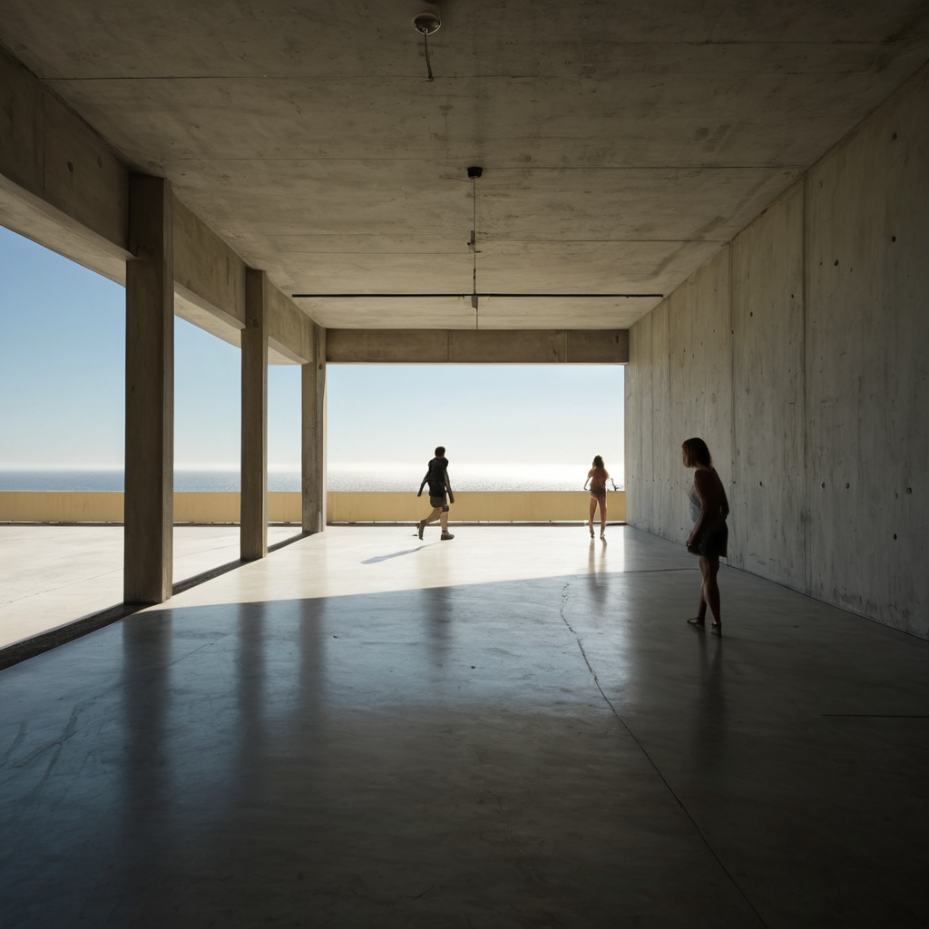 Concrete walls, open sky, ocean view—sunlit shadows and three friends. 🌊☀️