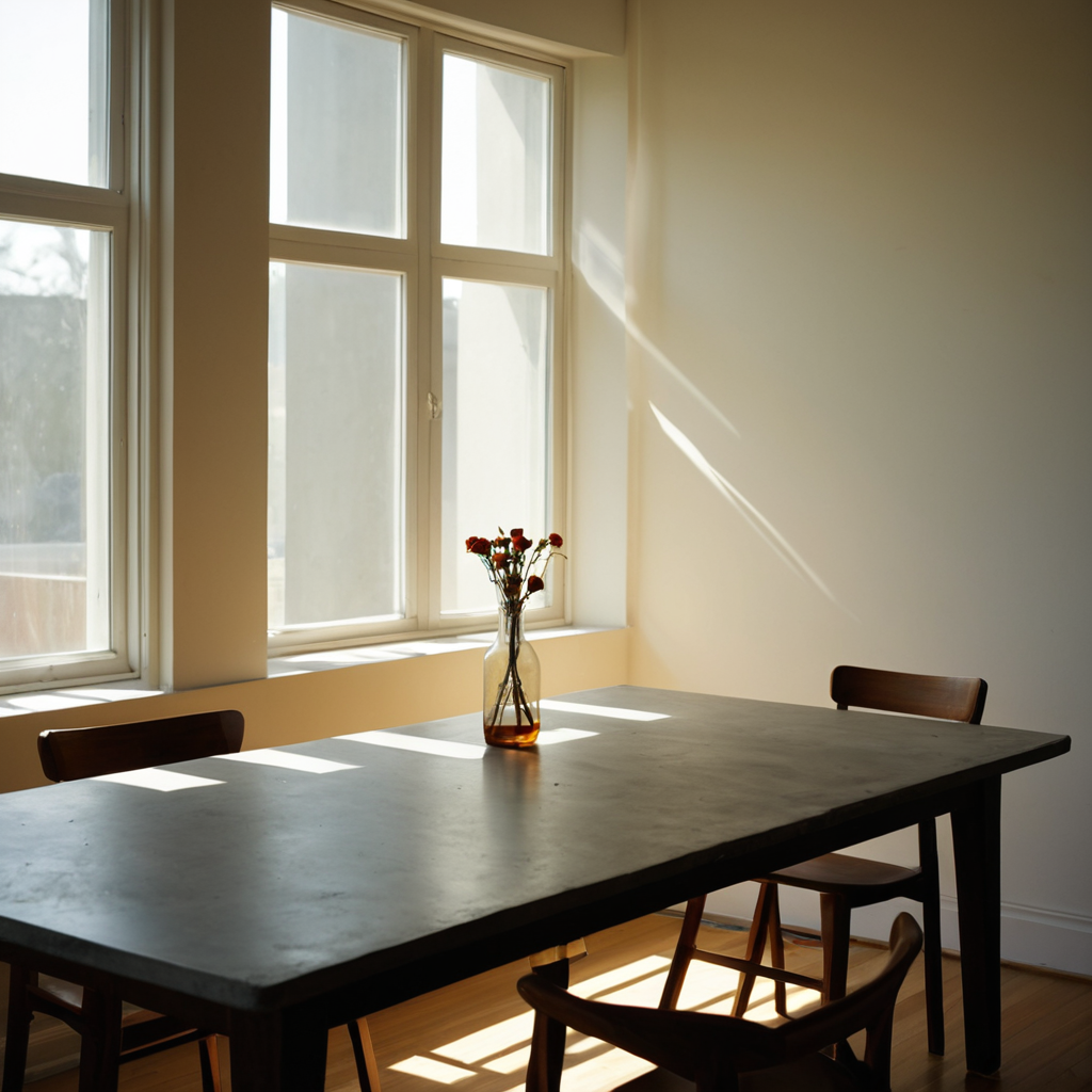 Morning light spilling through windows, a table, a vase of red blooms, and a quiet gathering.