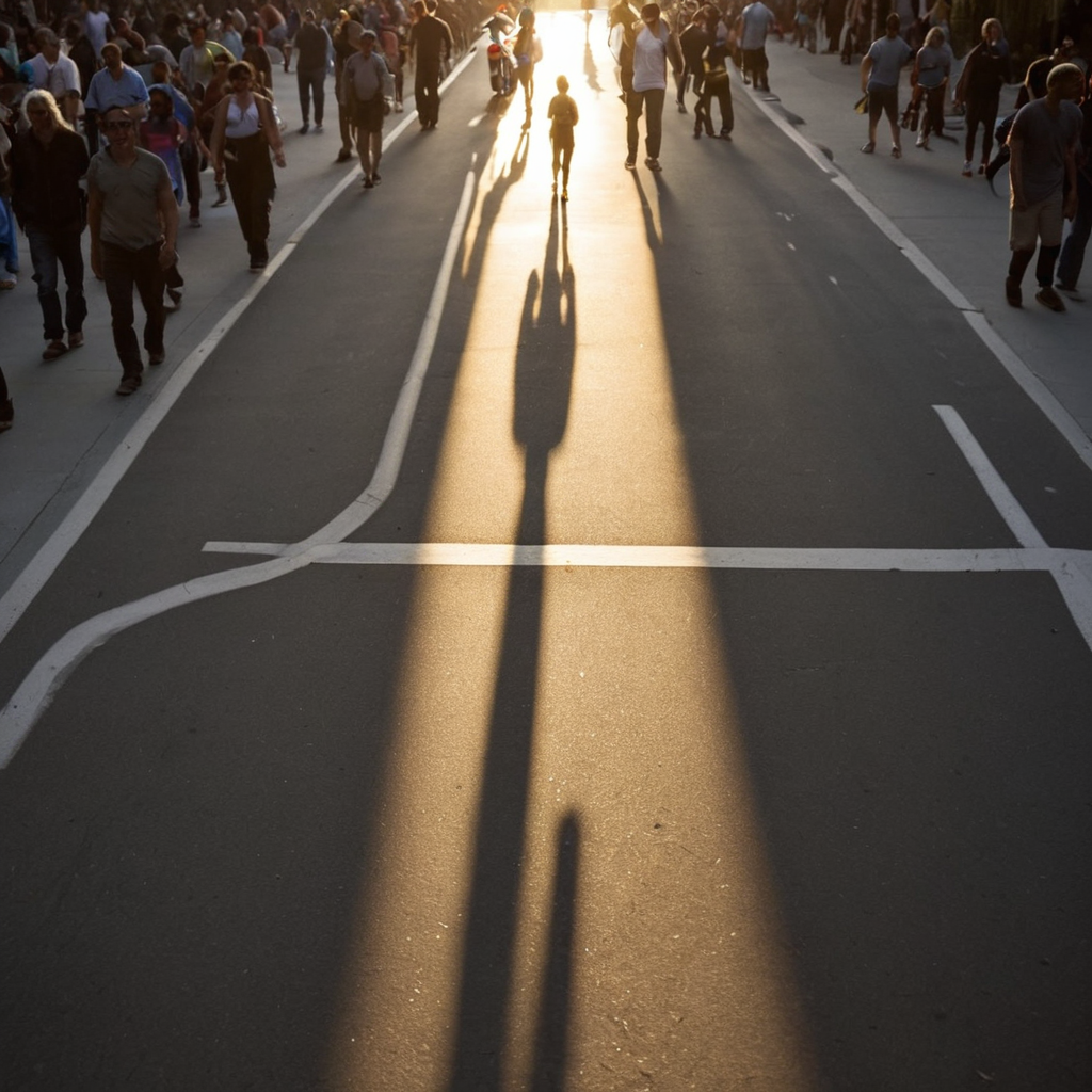 White lines guide the crowd, sunlight stretches long shadows across the asphalt.