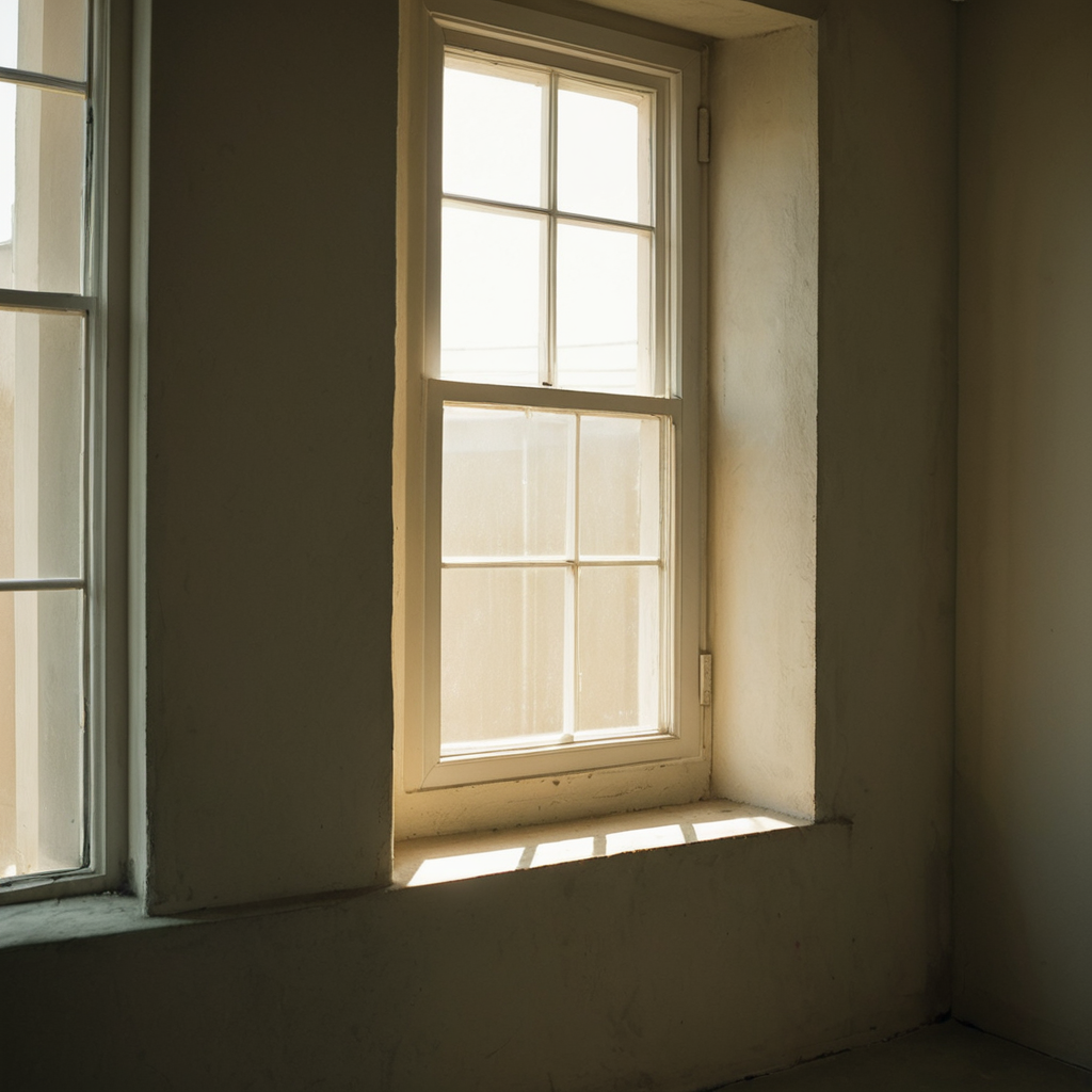 Soft light, subtle shadows—two windows framing a quiet corner.