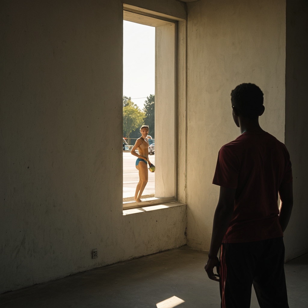 Sunlit room, window framing a street scene; inside, a red‑shirted figure; outside, a blue‑swim‑trunked person with a yellow ball.